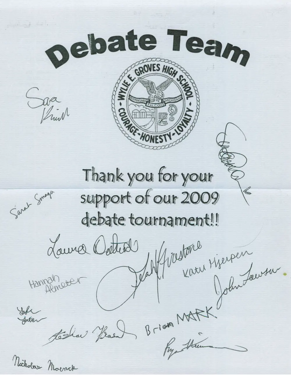 Thank-you card from the 2009 debate team