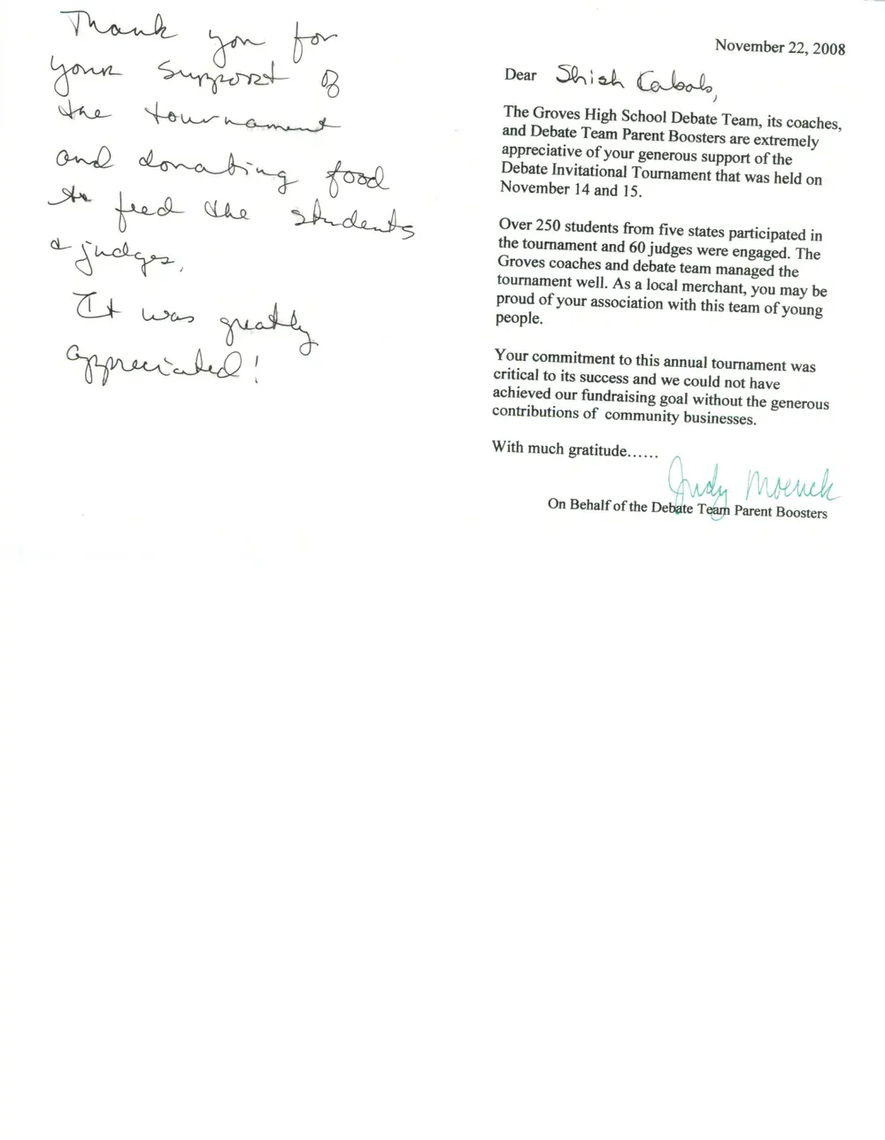 Handwritten thank-you letter from a local school
