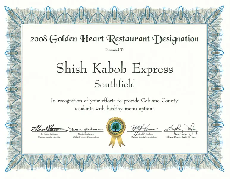 2008 Golden Heart Restaurant Designation, Southfield