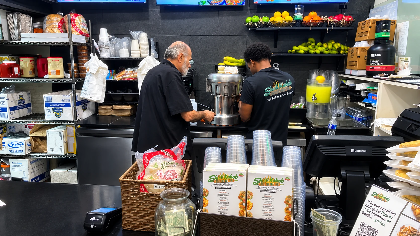 Shish Kabob Express team members making fresh juice behind the counter