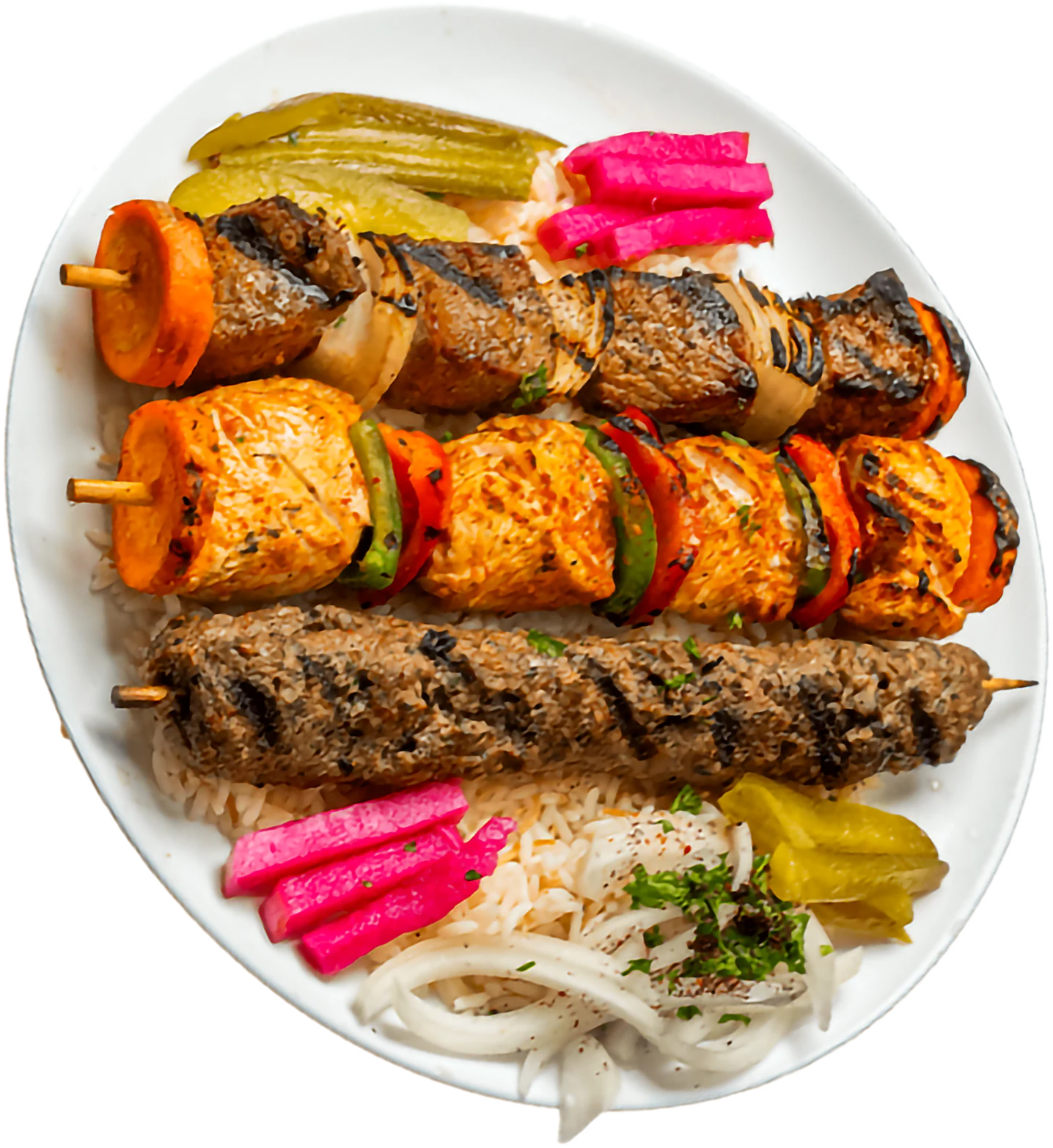 Shish Kabob Combo with chicken, meat and kafta skewers
